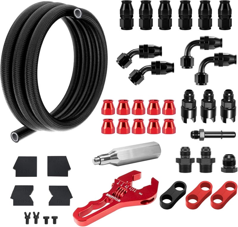BRIFITOR 6AN PTFE Fuel Line Kit, Nylon Braided E85 Fuel Hose 30FT With AN6 Hose End Fittings, Quick Disconnect Fitting Adapters & Exclusive Easy Assembly Tool For LS Swap EFI Fuel Injection System - Image 1